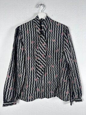 Vintage Pant her Button-Up Tie Neck Shirt 13/14 Black Wavy Stripe Red Leaf Print